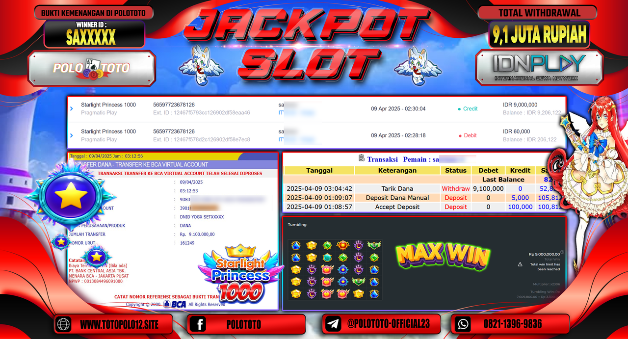 POLOTOTO JACKPOT SLOT STARLIGHT PRINCESS 1000  Rp.9.100.000,-