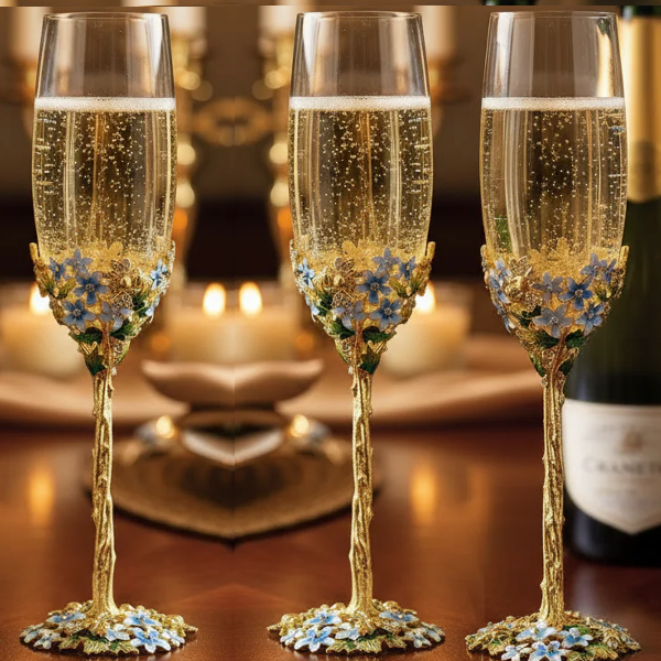 Blue Enamel Floral Champagne Flutes