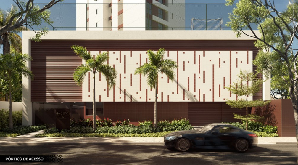 Pórtico de acesso imponente do Jardins Júlia Cavalcanti com paisagismo integrado
