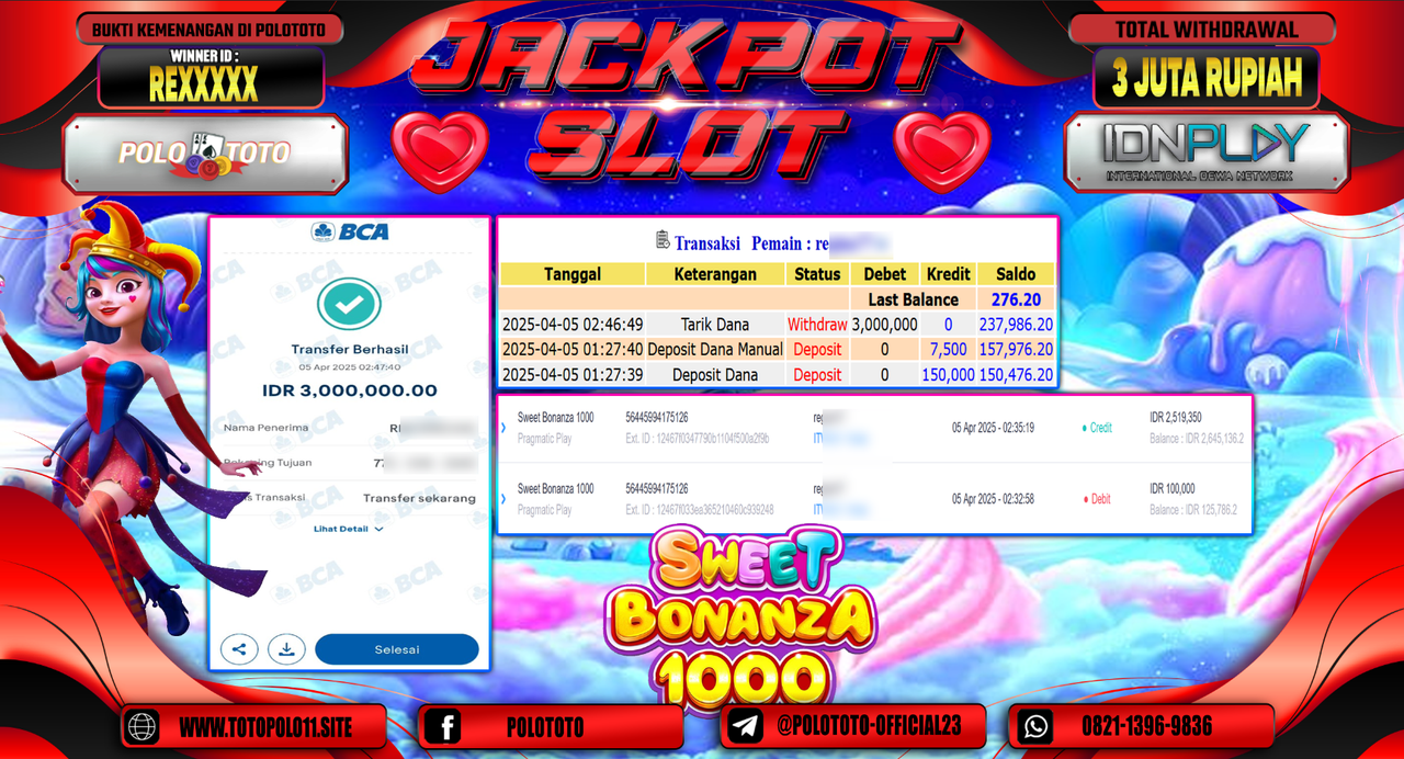 POLOTOTO JACKPOT SLOT SWEET BONANZA 1000  Rp.3.000.000,-