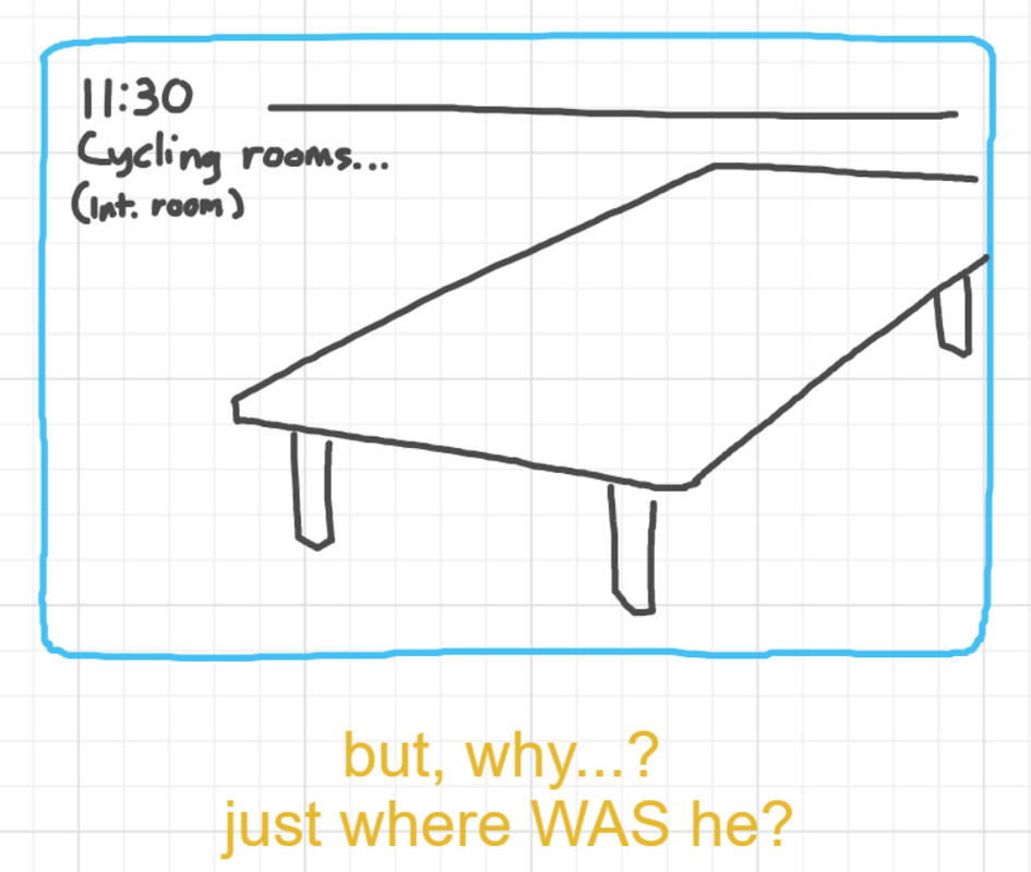 A panel from A Murder On The, episode six of the Board Boards object show by Furretwalk/WalkingFurret.