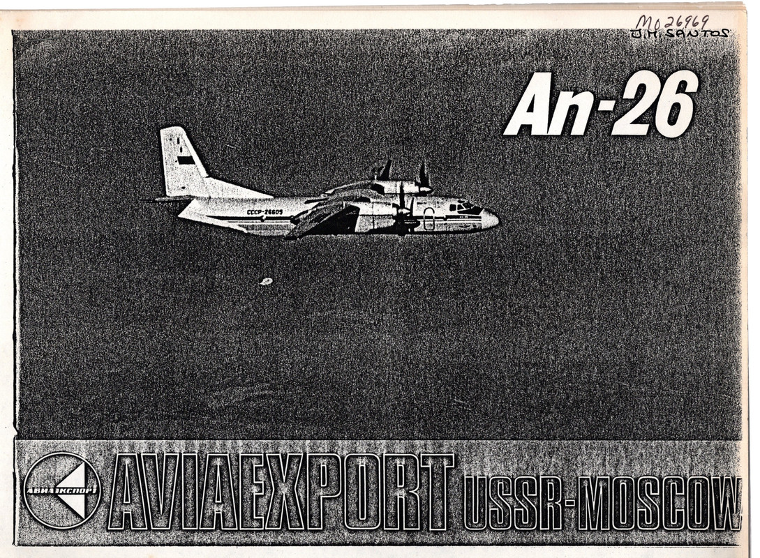 Image for Photocopied AVIAEXPORT USSR-MOSCOW Photographic Document Detailing Specifications of the AN-26 Medium-Range Cargo Plane (13 Pages in English). Collection Includes AVIAEXPORT 2-Page Photo Cards for AN-30 (in Spanish), TU-154B (In French), IL-62M (In English), TU-134A (In English). All Compiled Around 1977.