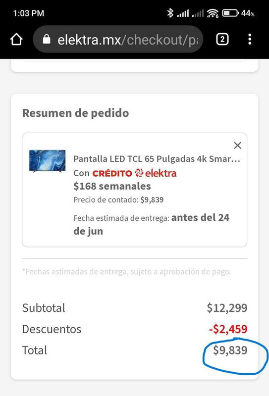 Elektra Pantalla LED TCL 65 Pulgadas 4k Smart 65S446 (Pagando con Paypal) 