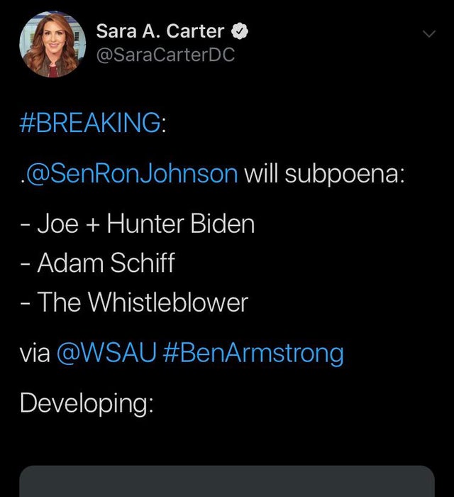 .@SenRonJohnson will subpoena: - Joe + Hunter Biden - Adam Schiff - The Whistleblower