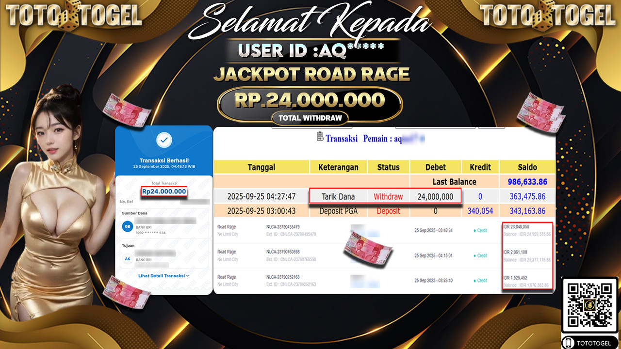 Bukti Pembayaran Jackpot Permainan Slot Road Rage ID:AQ*** LUNAS