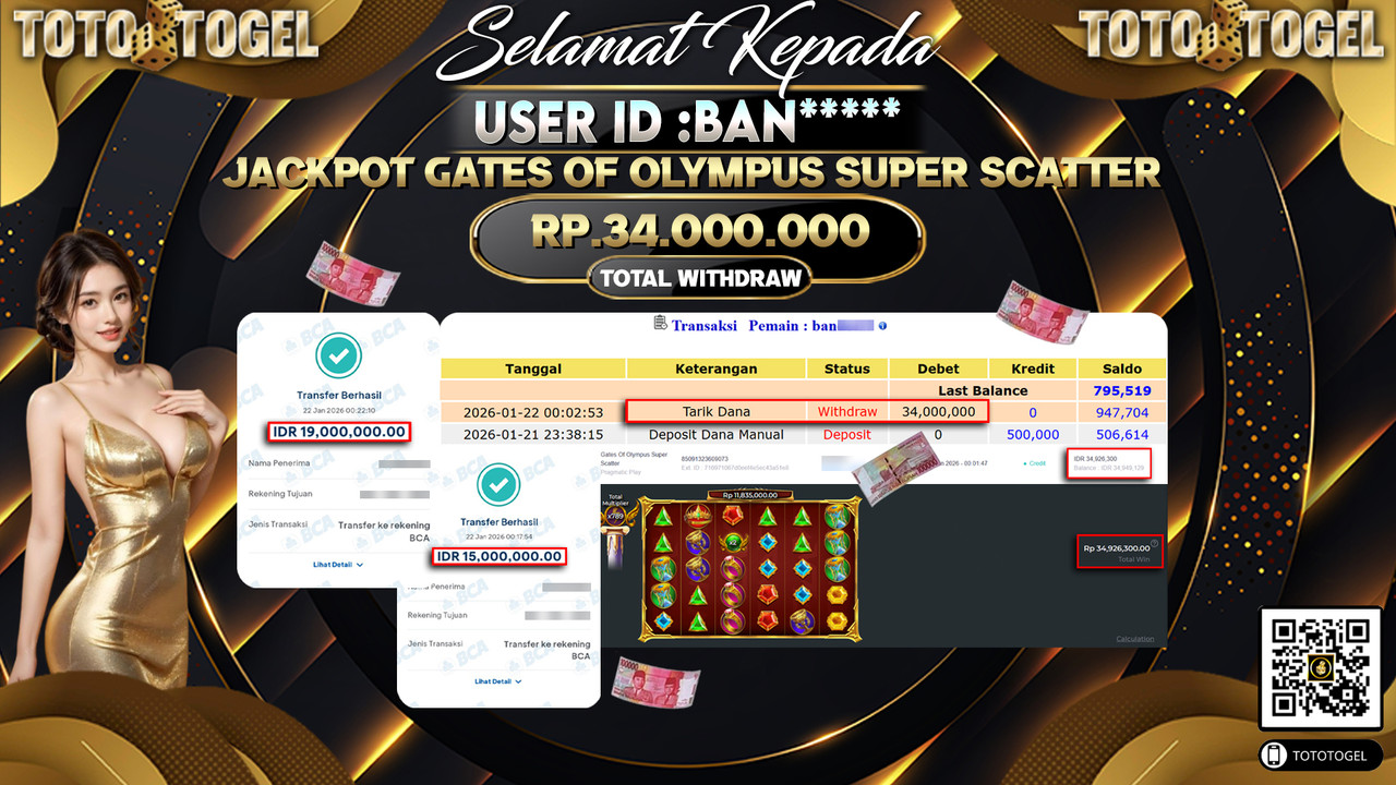 Bukti Pembayaran Jackpot Permainan Slot Gates Of Olympus Super Scatter ID:BAN*****LUNAS