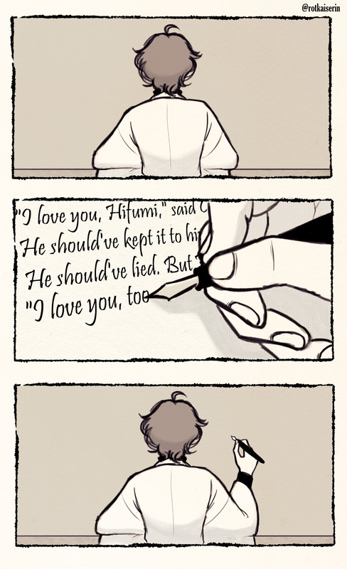 Page 1 of 'Words Never to Be Read' (Hypnosis Mic/HifuGen). Panel 1: Gentaro is writing at a desk, his back turned to the audience. Panel 2: He's writing. The text says 'I love you, Hifumi,' said < >. He should've kept it to himself. He shouldn't have said anything. He should've lied. But Hifumi dispelled his doubts--his folly of falling--with a smile as bright as the sun. 'I love you, too (the rest is to be written).' Gentaro's hand obscures some of the text--especially his (?) name. Panel 3: Gentaro lifts his pen, evaluating his work.