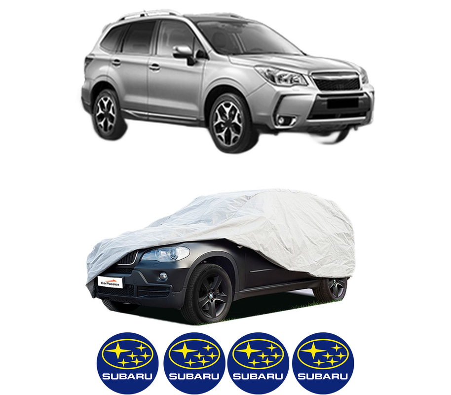 Husa tip prelata auto pentru SUBARU FORESTER (SJ_) din 2012-2013, Culoare Gri, material textil impermeabil, rezistanta la intemperii praf UV, CARPASSION Husa Protectie, 4 Stickere auto cu SUBARU