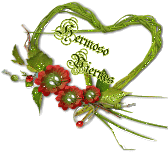 Corazón de Juncos Verdes con Flores Rojas  Viernes