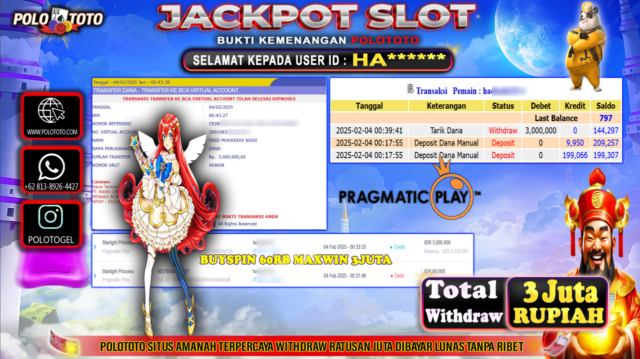 POLOTOTO JACKPOT SLOT STARLIGHT PRINCESS Rp.3,000.000,-