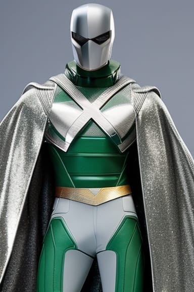 Master Mystic - a man in a green costume with a silver cape. His head is entirely hidden by a silver helmet