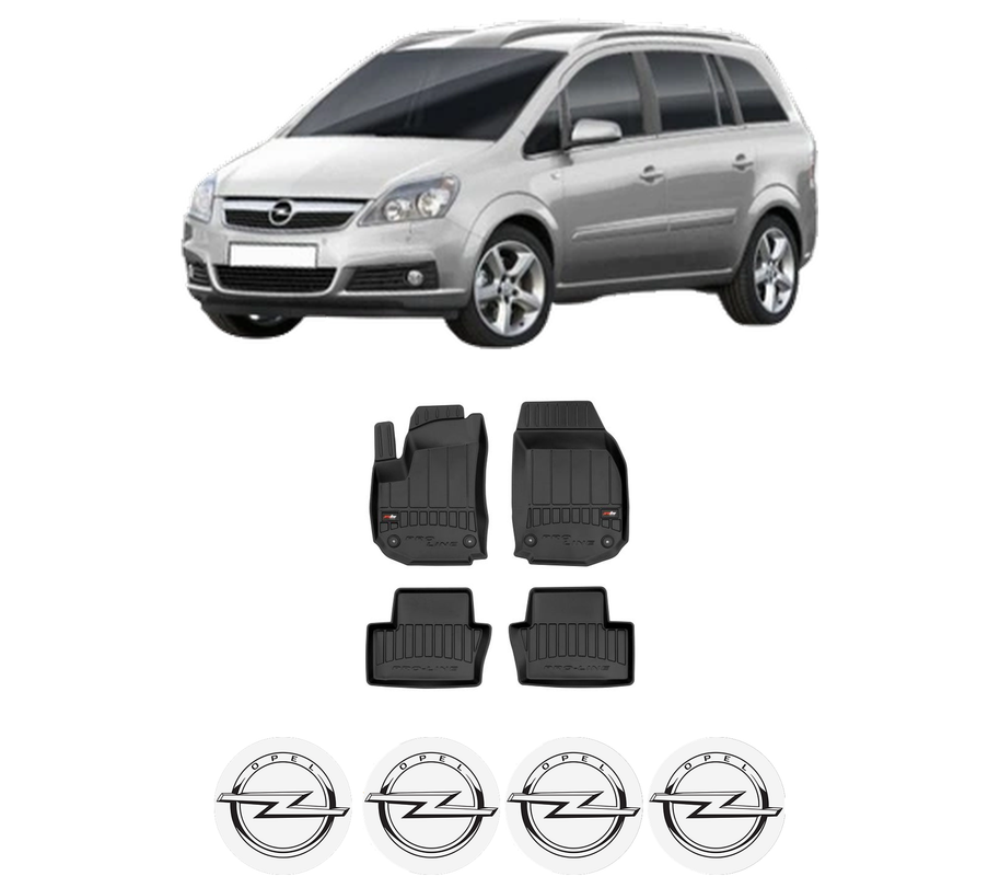 Set covorase presuri OPEL ZAFIRA / ZAFIRA FAMILY B (A05) din 2005-2015, auto, din cauciuc thermoplastic, 4 Stickere auto cu OPEL