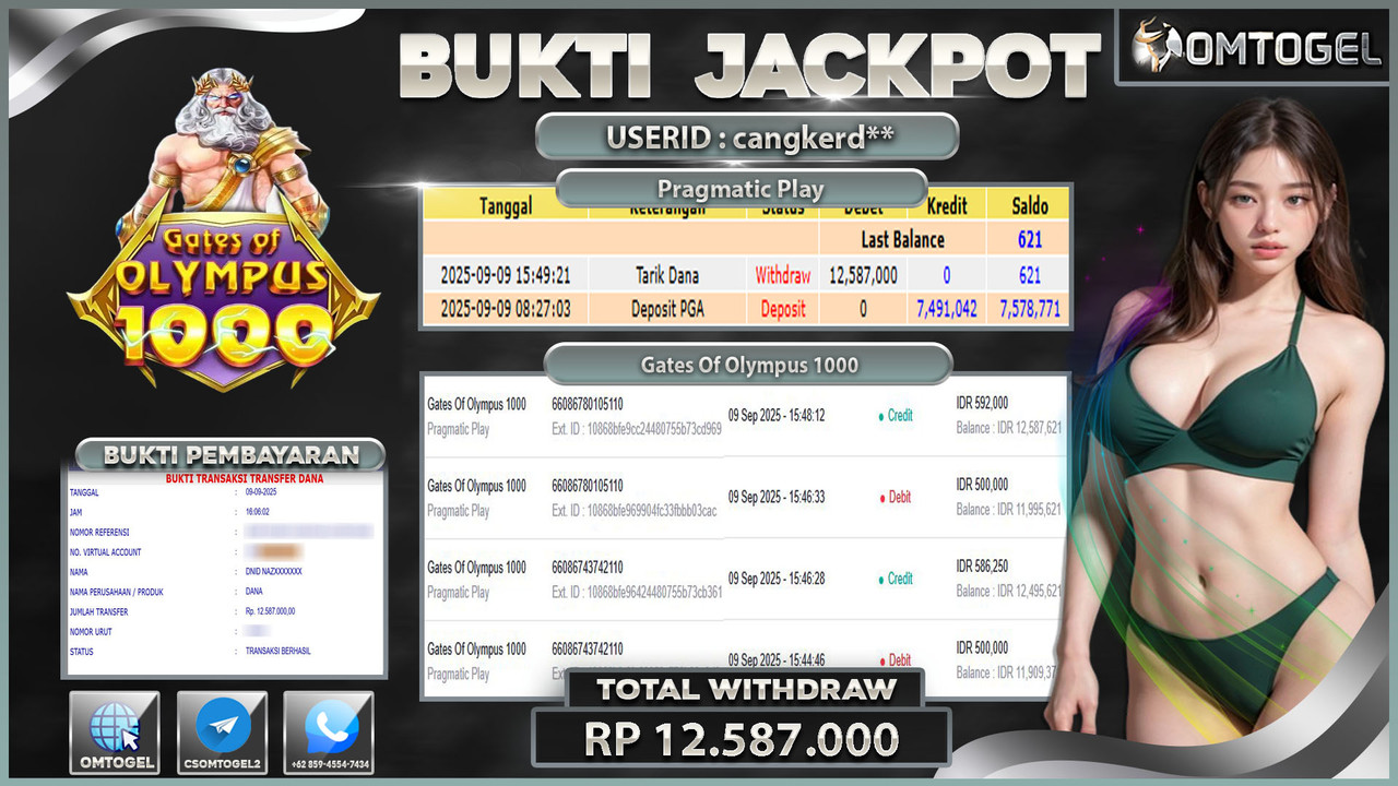 OMTOGEL JACKPOT PRAGMATIC PLAY GATES OF OLYMPUS 1000 12 JUTA DI BAYAR LUNAS ,-