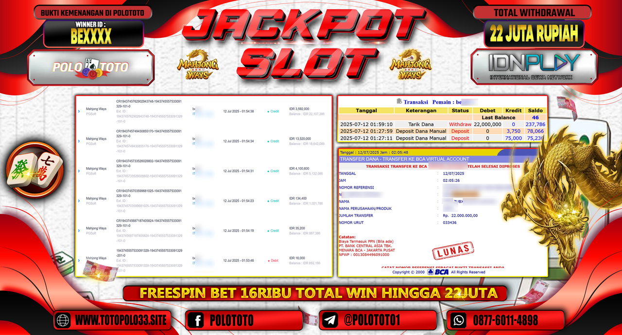 POLOTOTO JACKPOT SLOT MAHJONG WAYS Rp.22.000.000,-