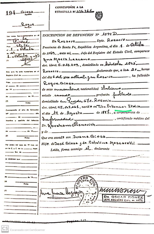 Defunción Giosa Roque