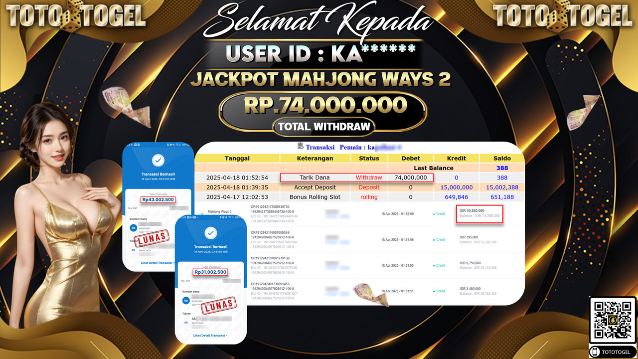 Bukti Pembayaran Jackpot  Permainan Slot Mahjong Ways 2 ID:KA****** LUNAS