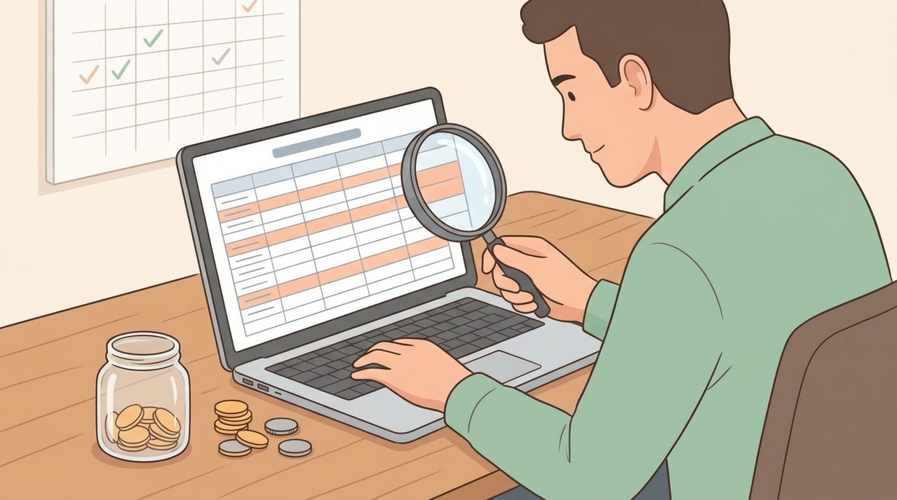 человек с лупой анализирует бюджет чтобы найти и исправить финансовые ошибки