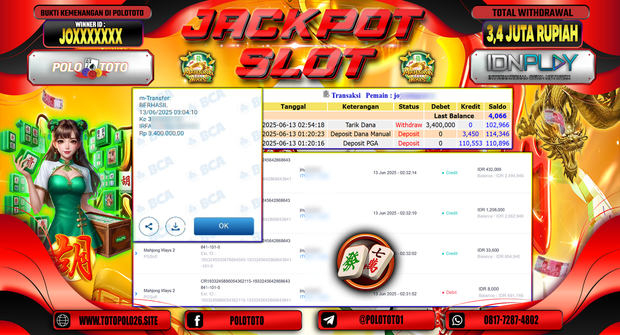 POLOTOTO JACKPOT SLOT MAHJONG WAYS 2 Rp.3.400.000,-