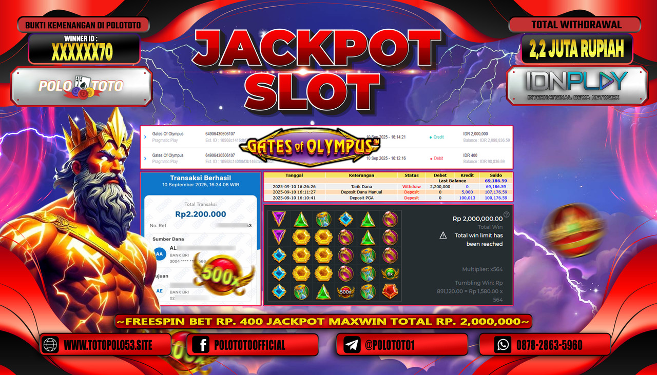 POLOTOTO JACKPOT SLOT GATES OF OLYMPUS Rp.2.200.000,-LUNAS