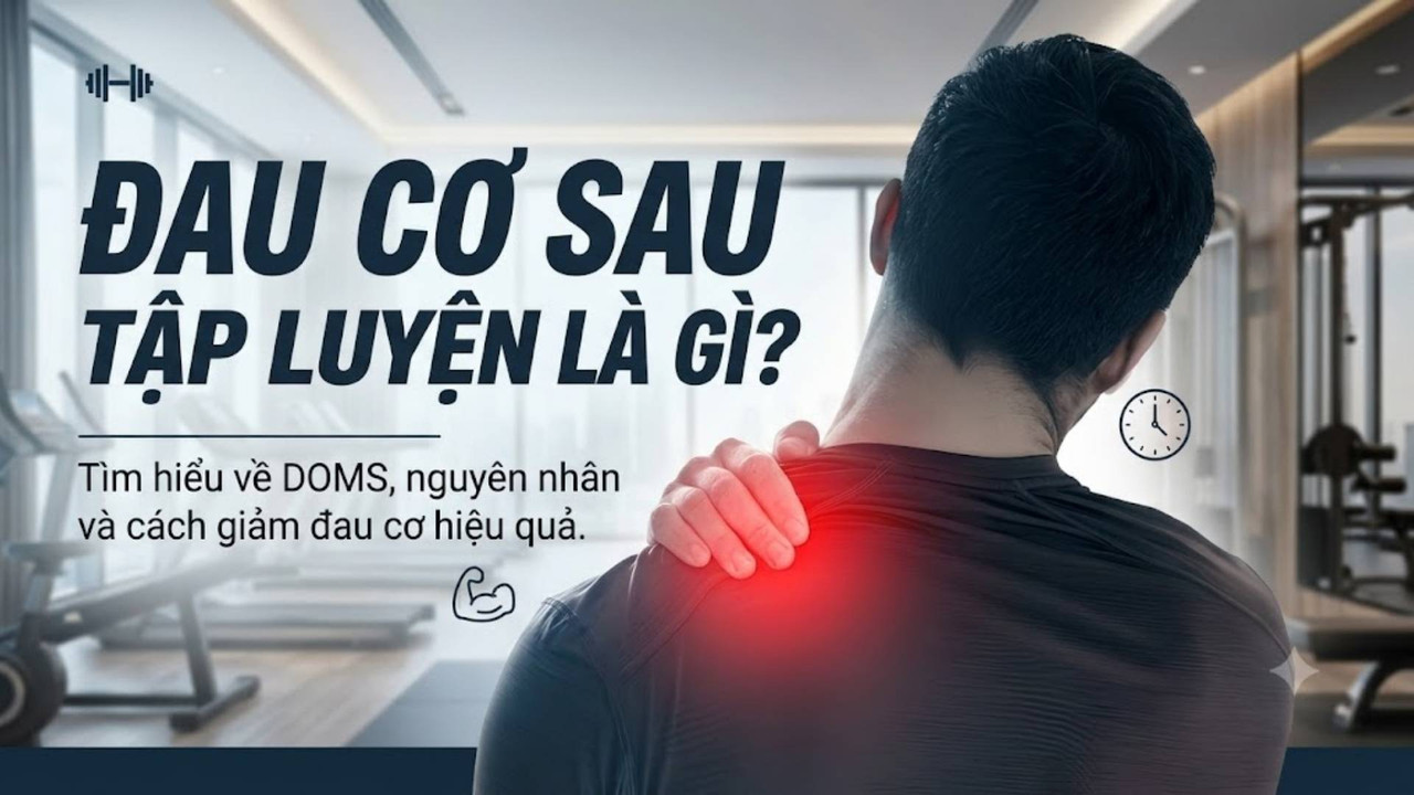 Ảnh chuyên sâu giải thích về tình trạng đau cơ sau tập luyện (DOMS), hiển thị một người nam đang ôm cổ và vai bị đau với vùng đỏ chỉ thị viêm cơ.