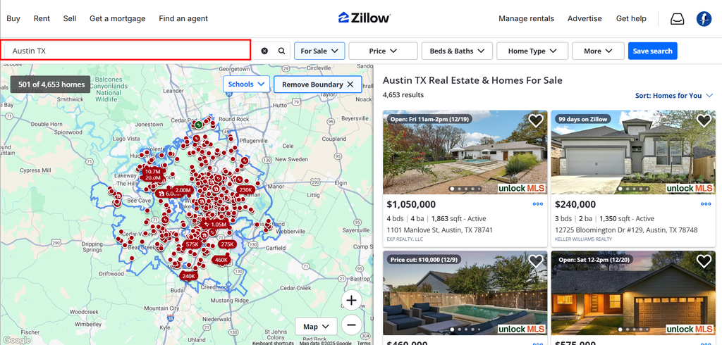 Zillow page showing Austin, TX map