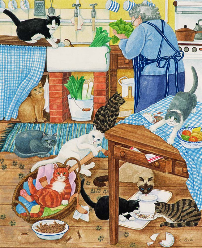 Grandma-and-10-cats-in-the-kitchen