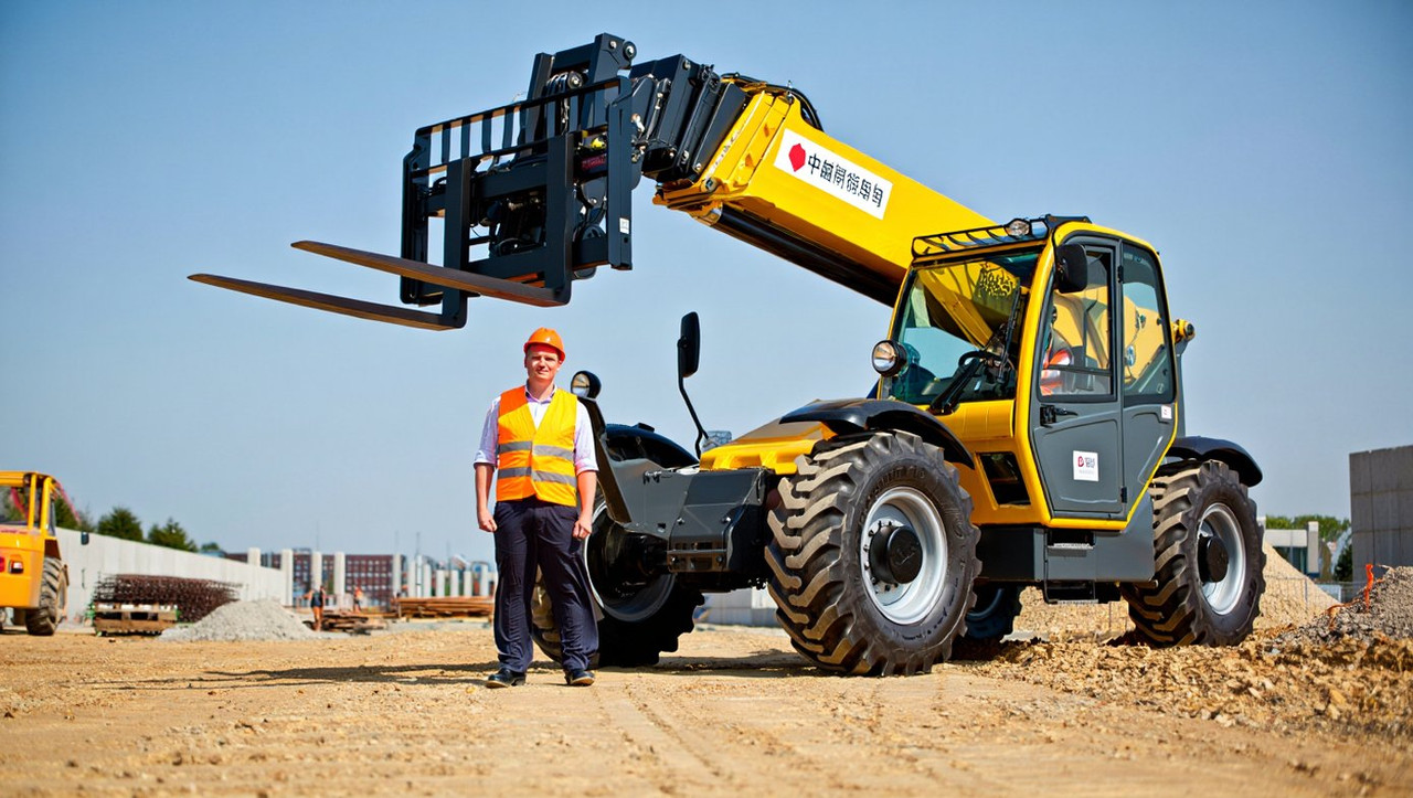 Китайский телескопический погрузчик на строительной площадке с оператором