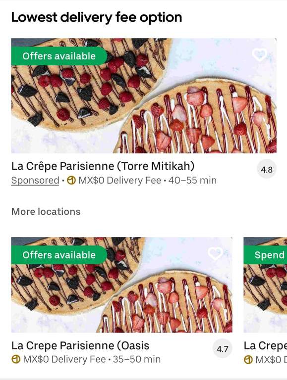 Uber Eats (Uber One). La Crepe Parisienne: Algunas crepas a mitad de precio + Cupon de $150