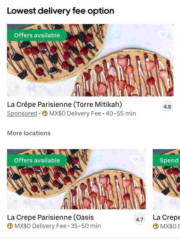 Uber Eats (Uber One). La Crepe Parisienne: Algunas crepas a mitad de precio + Cupon de $150 
