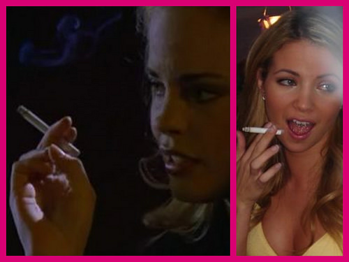 Amber Lancaster raucht einer Zigarette (oder Cannabis)
