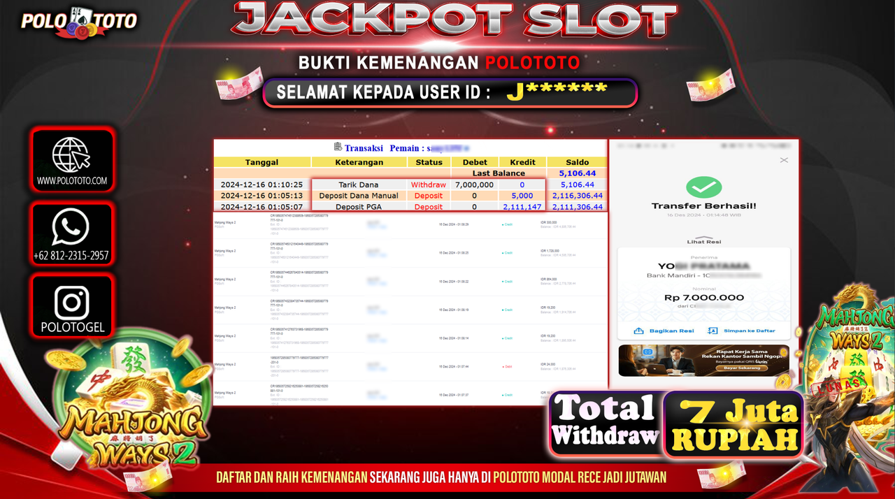 POLOTOTO JACKPOT SLOT MAHJONG WAYS 2 Rp.7,000.000,-