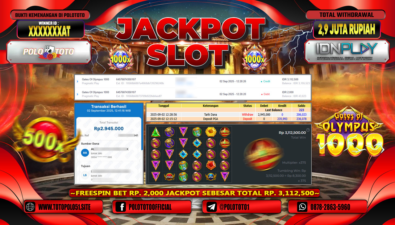 POLOTOTO JACKPOT SLOT GATES OF OLYMPUS 1000 Rp.2.900.000,- LUNAS