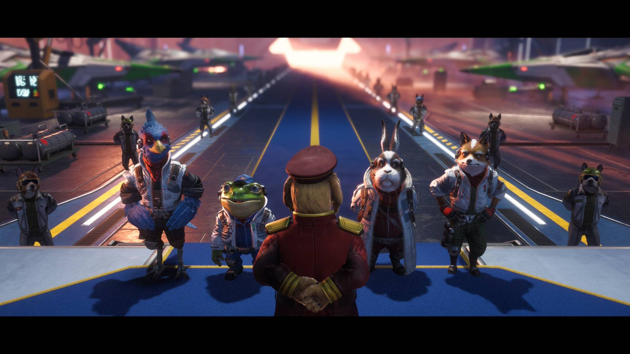 A screenshot of General Pepper standing before the Star Fox team with his paws folded behind his back during an award ceremony.