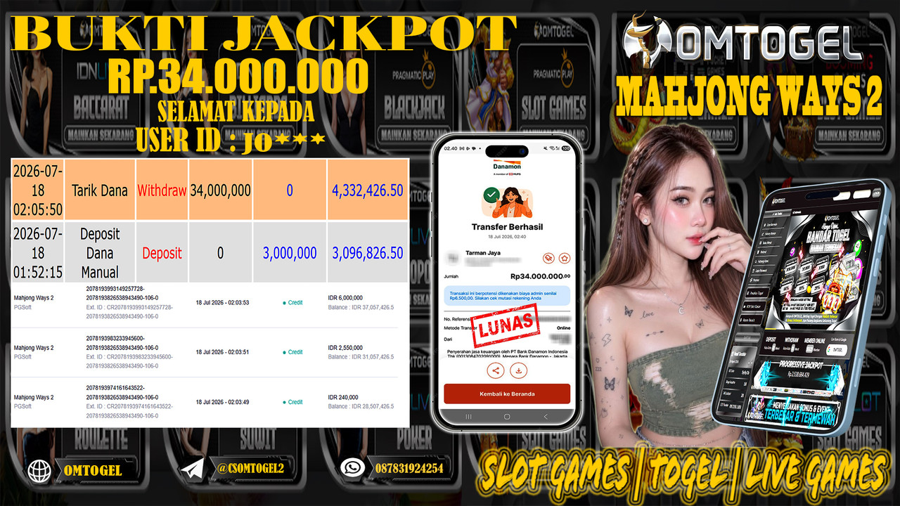 OMTOGEL JACKPOT PG SOFT MAHJONG WAYS 2 Rp.34,000,000,- DIBAYAR LUNAS