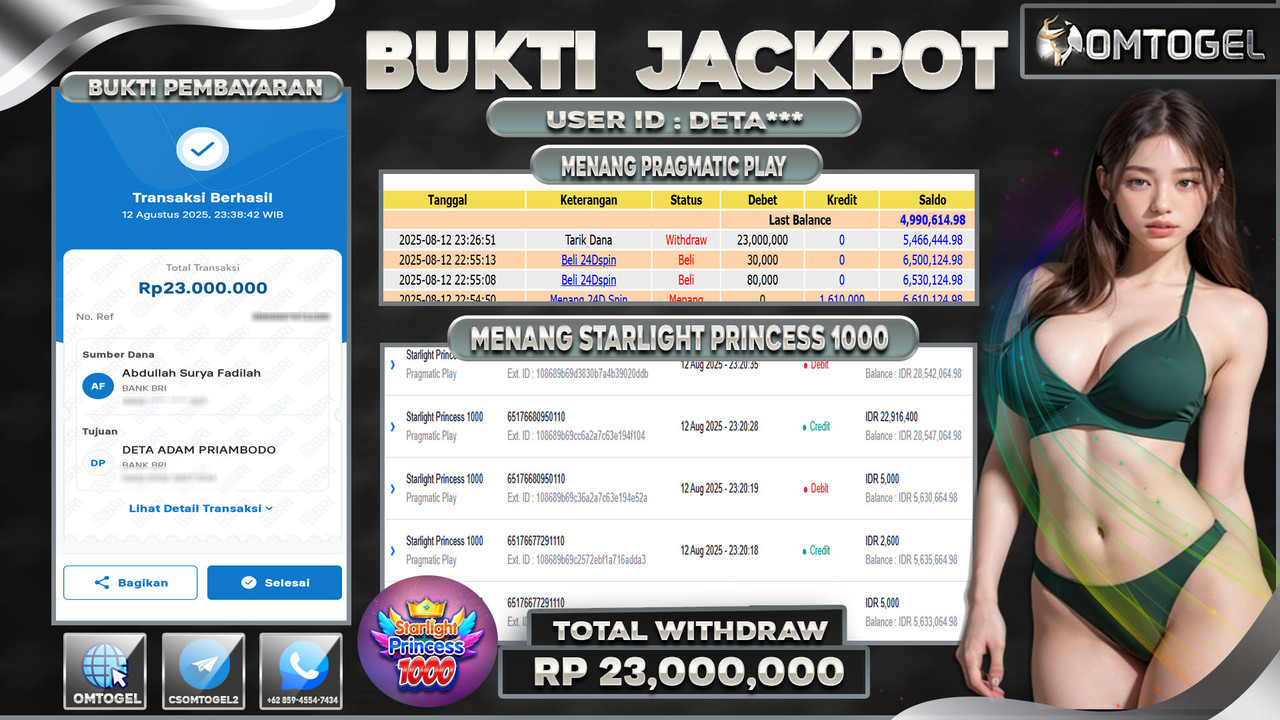 OMTOGEL JACKPOT PRAGMATIC PLAY STARLIGHT PRINCESS 1000 23 JUTA DI BAYAR LUNAS ,-