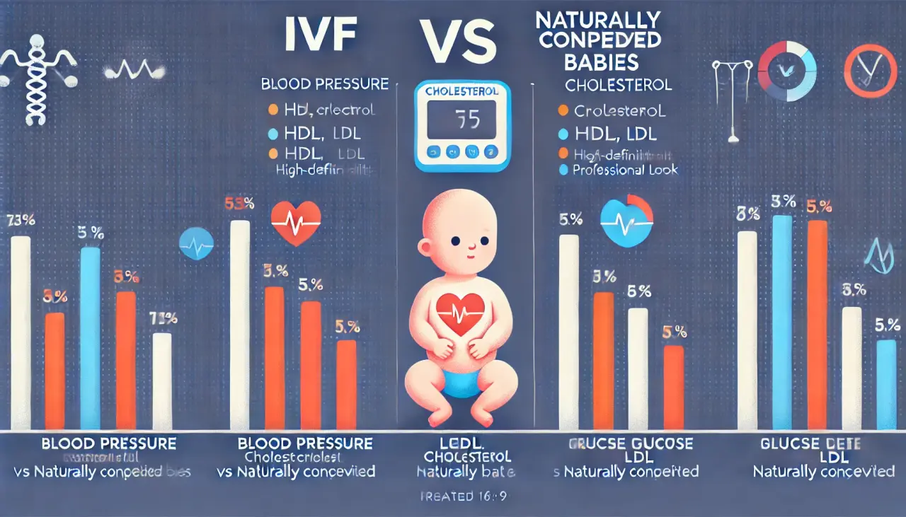 Bar chart showing health indicators of IVF babies vs naturally conceived babies, highlighting minor differences in cholesterol levels.