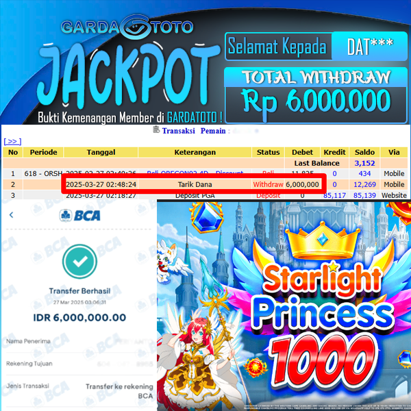JACKPOT SLOT MAIN DI SLOT  STARLIGHT PRINCESS 1000 WD Rp 6.000.000,- DIBAYAR LUNAS GARDATOTO MANTAP !