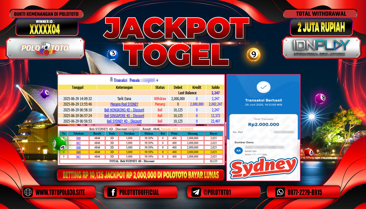 POLOTOTO JACKPOT TOGEL POOL SYDNEY Rp.2.000.000,- LUNAS