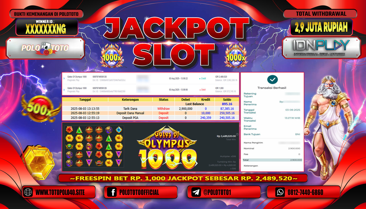 POLOTOTO JACKPOT SLOT GATES OF OLYMPUS 1000 Rp.2.900.000,-LUNAS