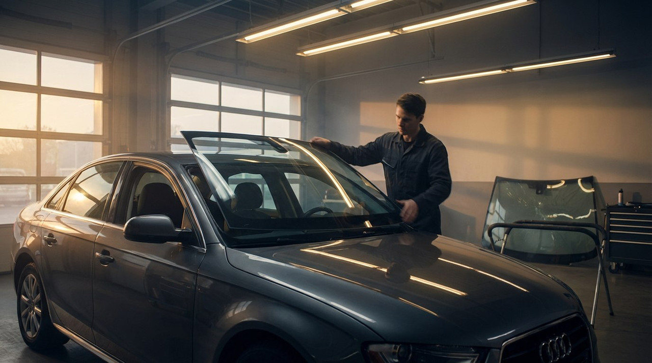 мастер снимает лобовое стекло с автомобиля