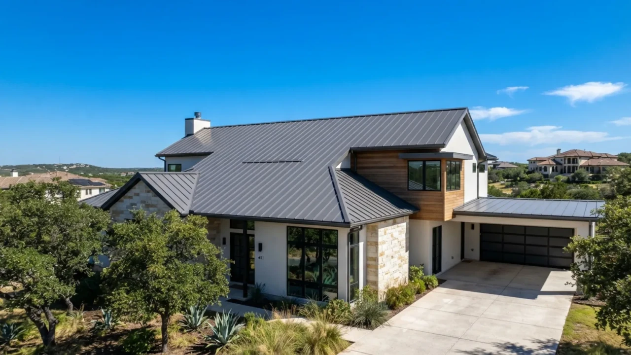 Metal roof installed on a San Antonio home showing standing seam panels in a neutral tone against a clear Texas sky