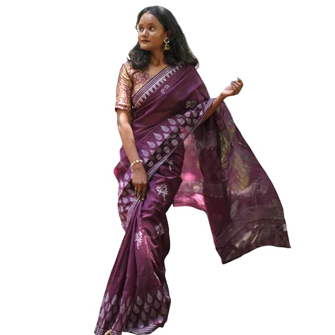 Hand Block Printed Wine Color Saree with White Delicate Design