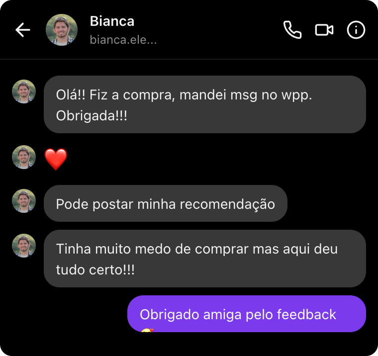 Depoimento de cliente Instagram DM