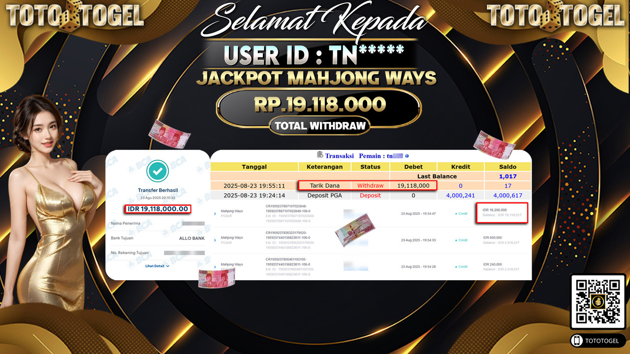 Bukti Pembayaran Jackpot Permainan Slot Mahjong Ways ID:TN***** LUNAS
