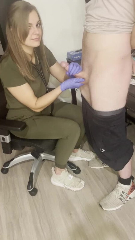 pretty blonde teen doctor milks her patient s dick to see its maximum length and taste its cum