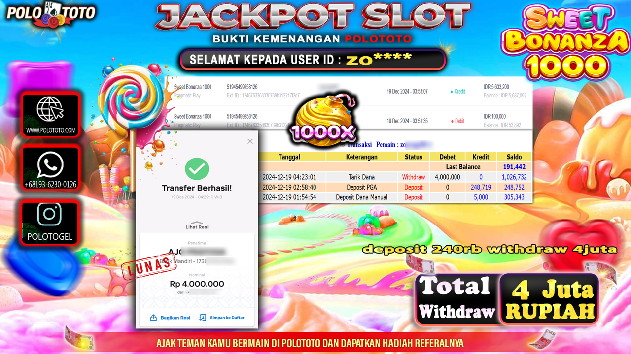 POLOTOTO JACKPOT SLOT SWEET BONANZA 1000 Rp.4,000.000,-