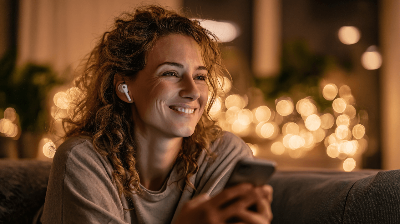 Девушка радостно слушает музыкальный подарок в телефоне. Эмоции от персонального поздравления.