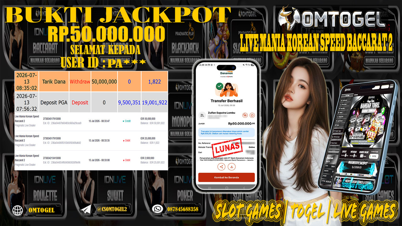 OMTOGEL JACKPOT LIVE MANIA KOREAN SPEED BACCARAT 2 , Rp.50,000,000,- DIBAYAR LUNAS