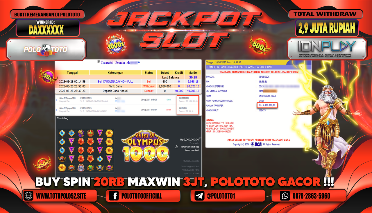 POLOTOTO JACKPOT SLOT GATES OF OLYMPUS 1000 Rp.2.980.000,-