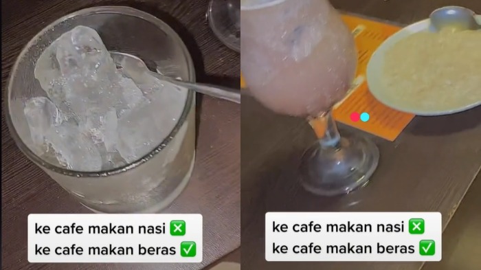 Segelas es batu, minuman dingin dan piring berisi beras.